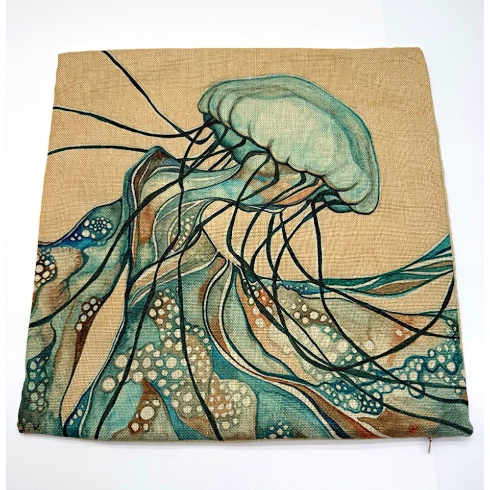 Standard Pillow Sham Beige/Blue/Green Jellyfish Sea Life Print Envelope 17"x17"